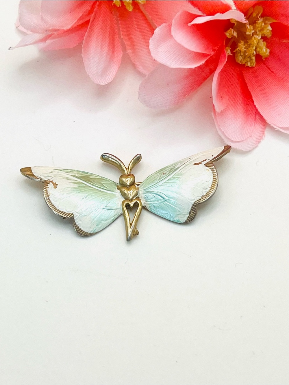 Gold Butterfly Brooch with Pastel Mint and White Enamel